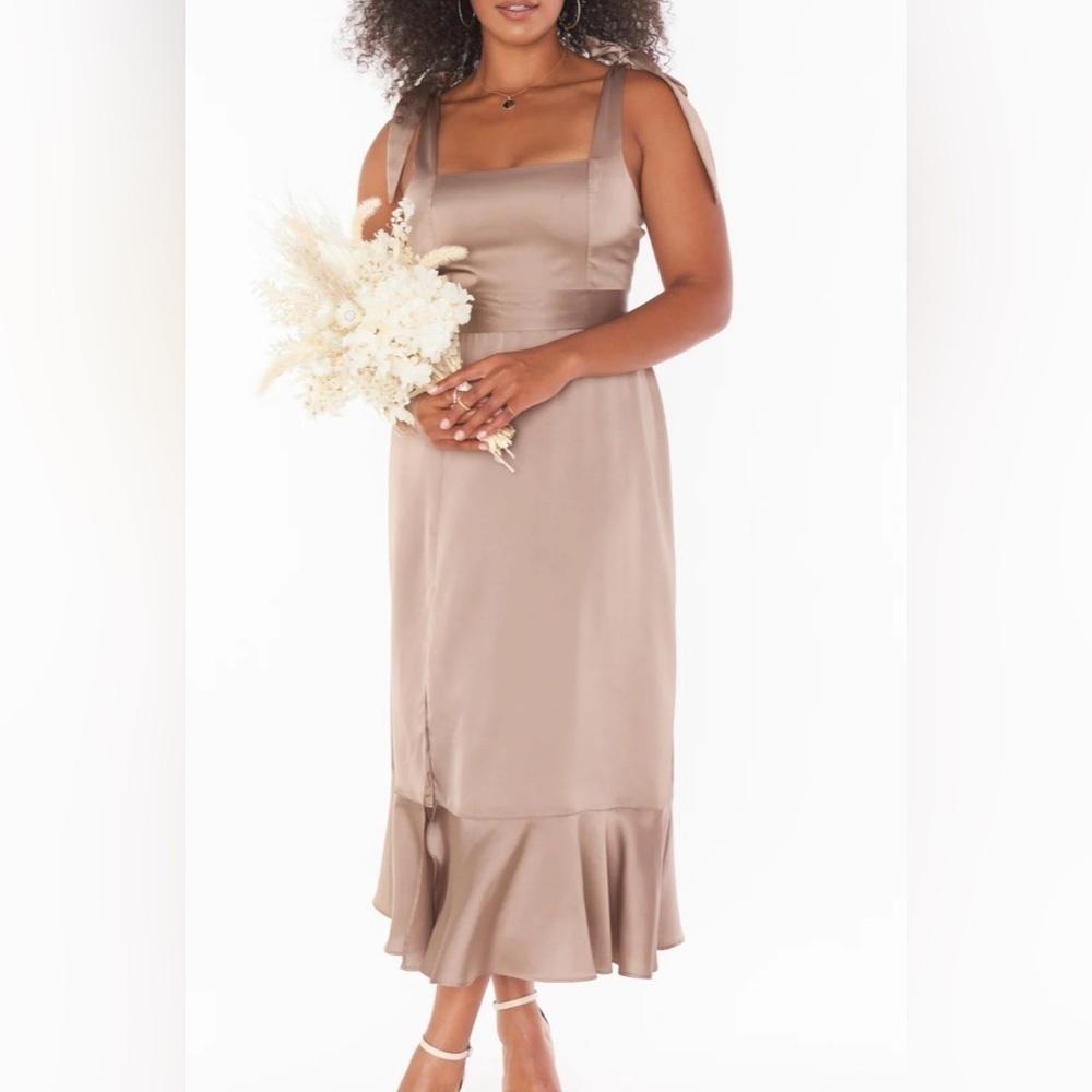 Show Me Your MuMu Satin Midi Dress in Taupe